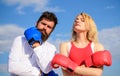 Stand for your point view. Couple in love boxing gloves sky background. Man and girl after fight. Family life