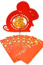 standable fluffy paper cut and red pockets on white as symbol of Chinese New Year of the rat translation of the Chinese character