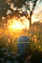 Standalone IoT sensor in a field, sunrise light, close-up, highlighting autonomy and innovation