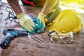 Standard construction safety equipment and Put a dril Royalty Free Stock Photo