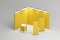 Standard exhibition stand with spotlights with yellow blank panels, advertising stand. 3d render