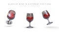 Standard glass of wine, view from different sides. Glassware with alcoholic drink