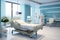 Standard Hospital Room With Bed, Chairs, and Table, Interior of a modern hospital room equipped with medical equipment, 3D