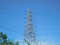 standard overhead power line transmission tower at sunset. High voltage tower Royalty Free Stock Photo