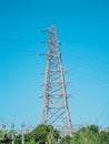 standard overhead power line transmission tower at sunset. High voltage tower Royalty Free Stock Photo