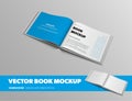 Standard size open book template with abstract pattern, with blue page, landscape orientation, isolated on gray background