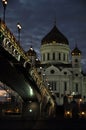 Evening panorama of the Cathedral of Christ the Savior and the Patriarchal bridge across the Moscow River. Autumn in Moscow. Royalty Free Stock Photo