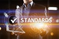 Standards, Quality Control, Assurance, ISO, Checkbox on virtual screen. Royalty Free Stock Photo