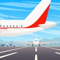 A standing airplane in airport. A flying plane in sky. Landing illustration. Travel by airplane, private airlines and Royalty Free Stock Photo