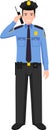 Standing American Policeman Officer with Walkie-Talkie in Traditional Uniform Character Icon in Flat Style. Vector