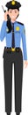 Standing American Policewoman Officer with Walkie-Talkie in Traditional Uniform Character Icon in Flat Style. Vector