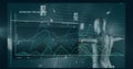 Standing android figure extending arms in VR lab with holographic graphs, mesh plots, copy space Royalty Free Stock Photo