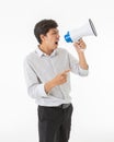 Standing asian man holding megaphone and shouting