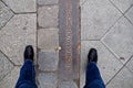 Standing astride the Berlin Wall pavement marker