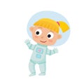 Standing astronaut kid isolated on white background. Cartoon pre