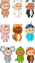 Standing baby kid cartoon with animal pijama illustration set