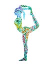 Standing back bending 1 leg yoga pose, 7 color chakra watercolor painting