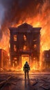 Standing Backwards The Firefighter Is Shown Out In Front Of A Blazing Building. Generative AI Royalty Free Stock Photo