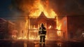 Standing Backwards The Firefighter Is Shown Out In Front Of A Blazing Building. Generative AI Royalty Free Stock Photo