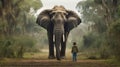 Standing Backwards The Wildlife Conservationist Is Shown Out In Front Of A Magnificent Elephant. Generative AI