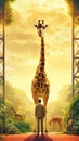 Standing Backwards The Zookeeper Is Shown Out In Front Of A Towering Giraffe. Generative AI