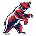 Standing bear illustration in red and blue. Fierce expression, with visible claws and teeth Royalty Free Stock Photo