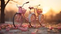Standing bike with red and pink Valentine hearts all around and sunset.