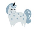 Standing blue unicorn in vintage blue color, magic pony from fantasy, naive vector illustration isolated on white Royalty Free Stock Photo