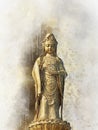 Standing Buddha statue and softly blurred watercolor background