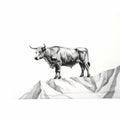 Hyperrealistic Liquid Metal Cow Drawing On Hill