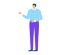 Standing businessman in blue shirt presenting point. Confident male office worker in casual attire gesture vector