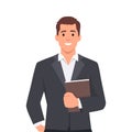 Standing businessman hold clipboard. Manager with hand in pocket