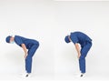 Standing caucasian medical professional in uniform stretching back