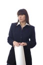 Standing caucasian white woman holds paper sheet