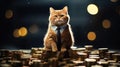 Standing confidently on a pile of coins, a cat adorned in a business suit playfully symbolizes the concept of attaining Royalty Free Stock Photo