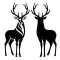 Standing deer buck with big antlers black vector outline and silhouette Royalty Free Stock Photo