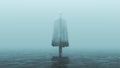 Standing Evil Spirit Ghost with Crossed Legs and Hands by Her Sides in a Death Shroud Over Water on a Foggy Day Back View