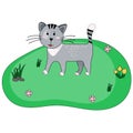 Standing farm cat is in cartoon style. Smiling house cat is walking in the village. Vector illustration for kids, books