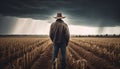Standing farmer in wheat field, looking at growth under sunset generated by AI Royalty Free Stock Photo