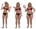 3D Render : standing female body type illustration : ectomorph skinny type, mesomorph muscular type, endomorphheavy weight ty Royalty Free Stock Photo