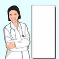 Standing female doctor and banner