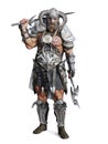 Standing fierce armored barbarian warrior posing on an isolated white background.