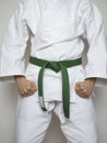 Standing fighter green belt martial arts white suit