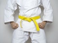 Standing fighter yellow belt centered martial arts white suit Royalty Free Stock Photo