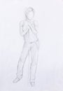 Standing figure woman leaning on a stick, pencil sketch on paper.