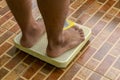 Standing on floor scale. Close up of man legs stapping on weight scales