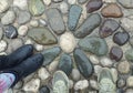 Standing on the Flower Pattern Cobblestone Path in the Light Rain Royalty Free Stock Photo