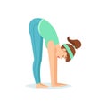 Standing Forward Bend Uttanasana Yoga Pose Demonstrated By The Girl Cartoon Yogi With Ponytail In Blue Sportive Clothing