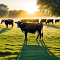 a standing in front of a herd of cows in a field of grass with the sun shining on the cows in the background and behind