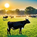 a standing in front of a herd of cows in a field of grass with the sun shining on the cows in the background and behind